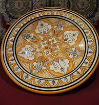 Moroccan Platter Terracotta ORANGE Hand Crafed Hand Painted Art Pottery 16&quot; D - £98.92 GBP