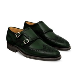 New Monk Handmade Leather Olive Green color Wing Tip Brogue Shoe For Men&#39;s - £126.72 GBP