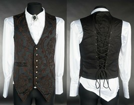 Brown Black Brocade Steampunk Vest Victorian Gothic Corset Lace Up Waist... - $64.99