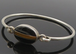CII MEXICO 925 Silver - Vintage Black Onyx &amp; Tiger&#39;s Eye Bangle Bracelet- BT4636 - £50.59 GBP
