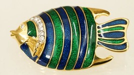 Costume Jewelry Burma Tropical Fish Green Blue Enamel Rhinestone Brooch Pin - £16.41 GBP