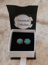 Blue Green Druzy Earrings Post Back Gold Framed Hexagon NEW image 3