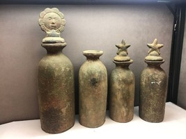 PRIMITIVE Set of FOUR Urns VASES Vessels WITH TOPPERS Sun and STARS - $496.97