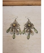 Vintage Handmade Earrings Folk Art  Costume Jewelry Green Crystal Leaves - $27.56 CAD