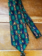 Hallmark Yule Tie Greetings Green &amp; Blue w Brown Reindeer Christmas Holiday Silk - £8.97 GBP