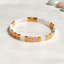 White and pale rose tila bracelet,woman beaded stacking pink tile bracel... - £16.74 GBP