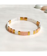 White and pale rose tila bracelet,woman beaded stacking pink tile bracel... - £16.65 GBP