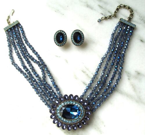 New $250 HEIDI DAUS "Dazzling Delight" Blue Crystal Necklace Earrings Set C0000 - $137.61