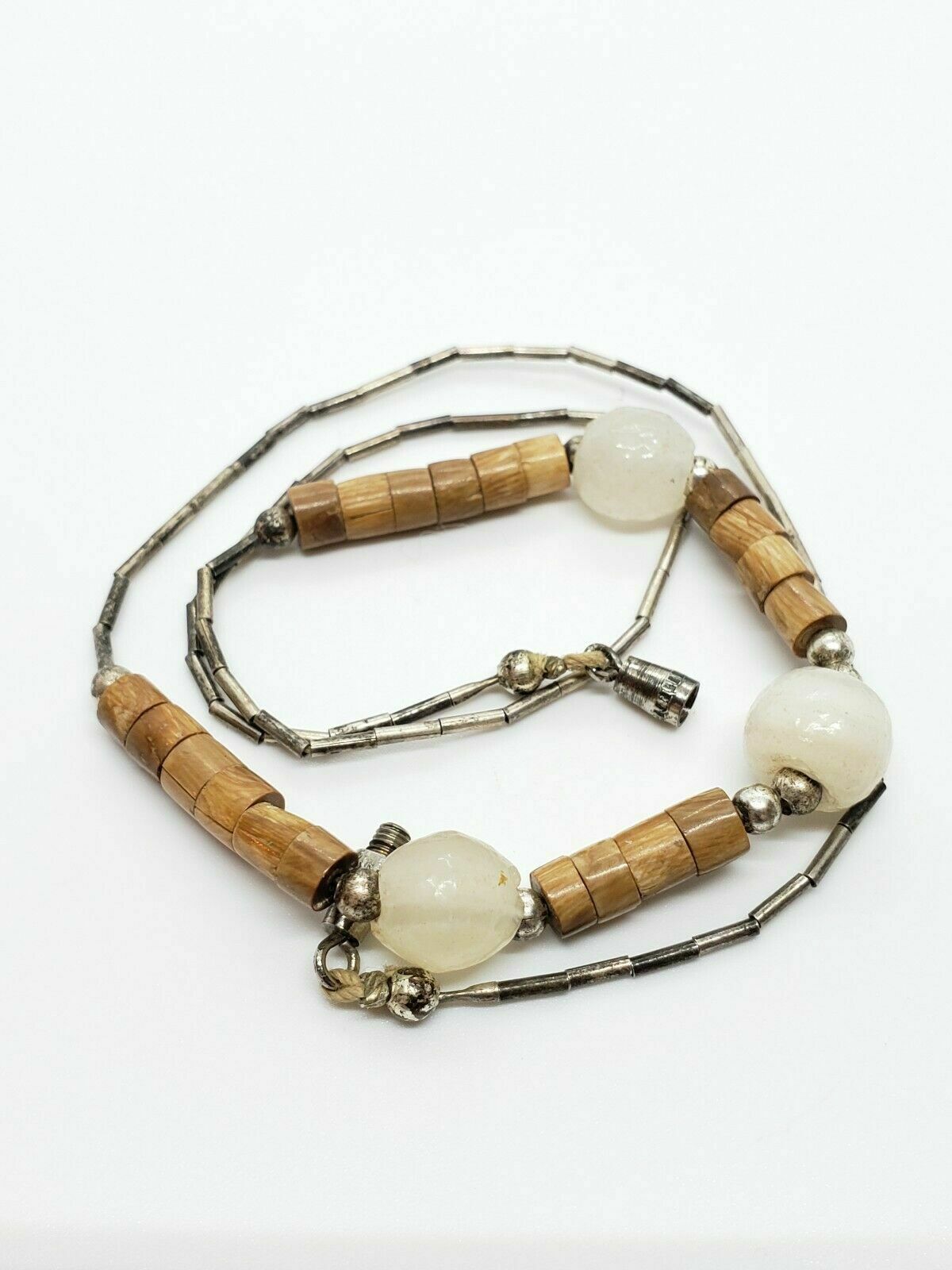 Primary image for Vintage Sterling Silver Wooden Bead Quartz Round Bead Liquid Silver Necklace