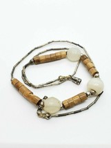 Vintage Sterling Silver Wooden Bead Quartz Round Bead Liquid Silver Necklace - £10.27 GBP