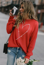 Fiery Red Rhinestone Heart Shaped Long Sleeve Sweatshirt - $19.57
