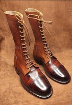 Handmade Men&#39;s Two Tone Genuine Brown Leather Military Boots Handcrafted... - $242.75 CAD+