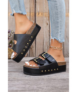 Black Dual Buckle Studded Platform Sandal Slippers - $595.08 MXN