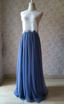 Wedding Two Piece Bridesmaid Dress Dusty Blue Tulle Maxi Skirt Crop Lace Top image 3