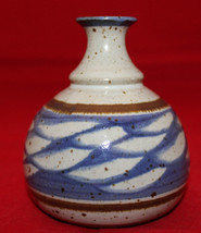 Studio Art Pottery Artist Signed DW Flower Vase Brown Blue Beige 4 1/8&quot; ... - £37.59 GBP