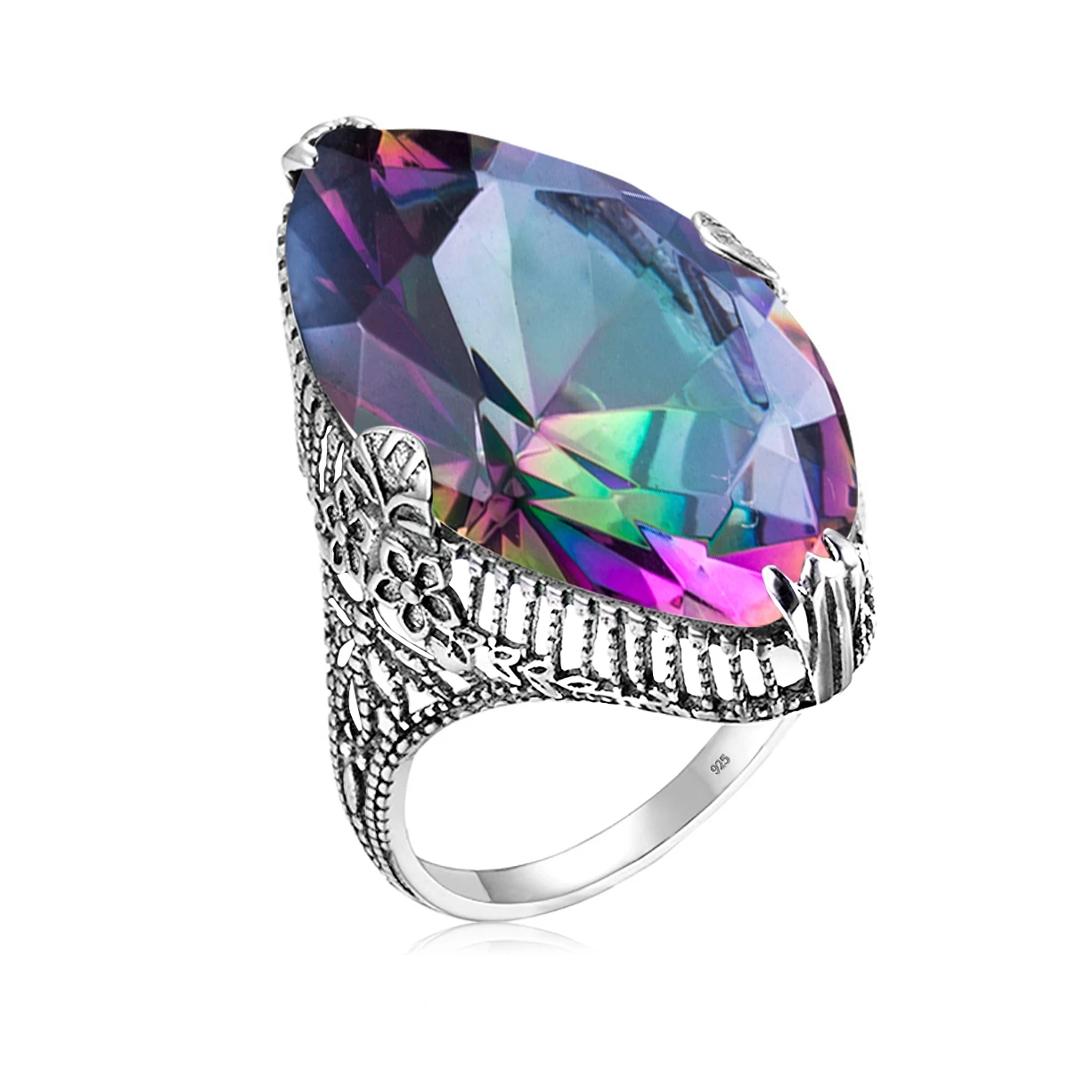 Solid 925 Sterling Silver Gemstone Rings For Women Punk Mystic Topaz Marquise Un - £41.94 GBP