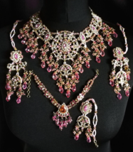Indian Necklace Set Wedding Women Pink Bridal Bollywood Jewelry Vintage Used - £110.17 GBP