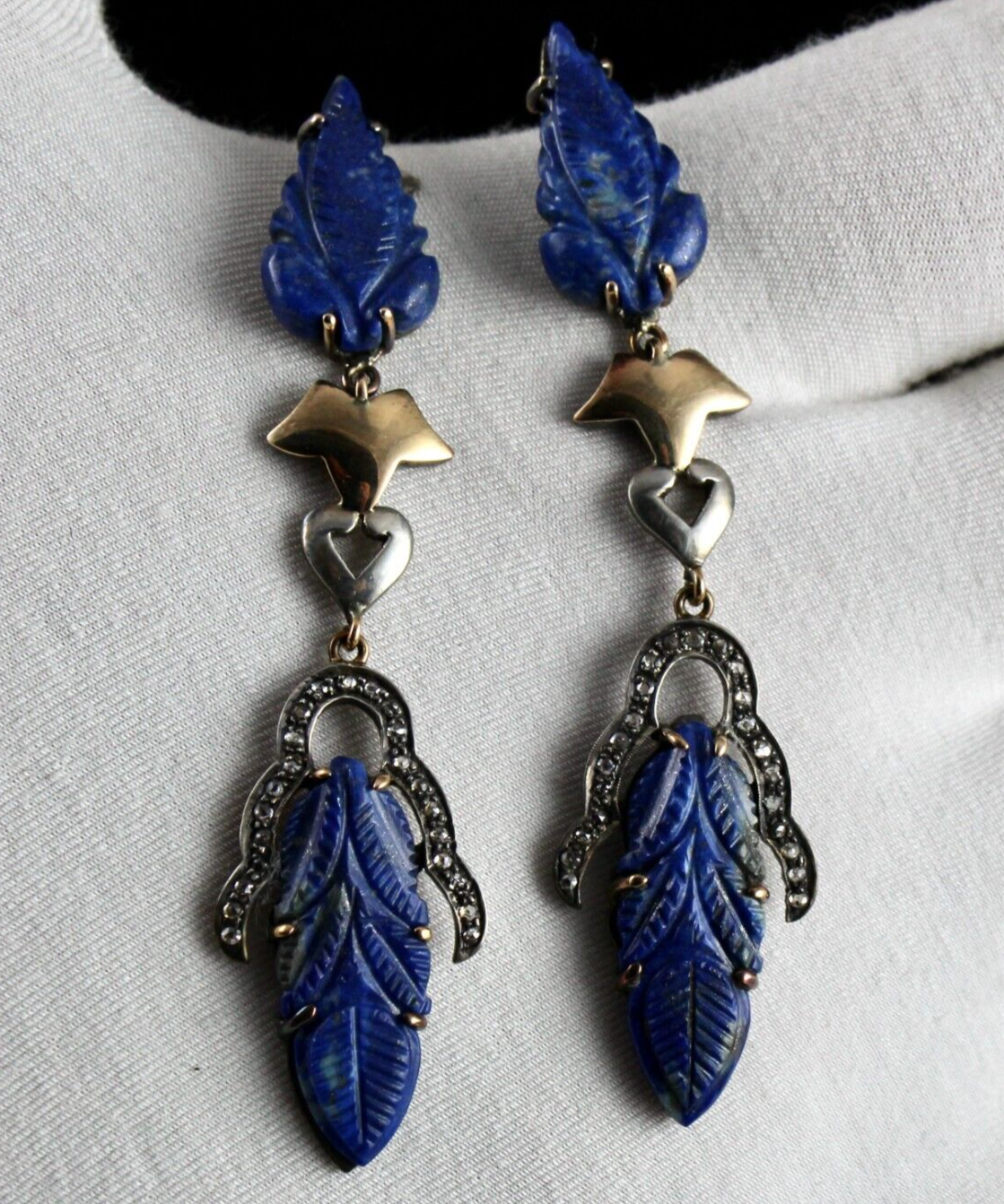 Primary image for Natural Lapis Lazuli Engraved Leaf Diamond 18K Gold 925 Silver Victorian Earring
