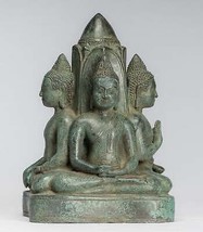Antico Khmer Stile Southeast Asia Bronzo Quattro Vie Statua di Buddha - £815.27 GBP