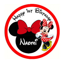  red Minnie Mouse Birthday round sticker 1.5&quot;, 2&quot;, 2.5&quot; choose size - $7.32