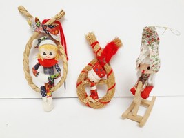 VINTAGE Hand Crafted Straw Wood Fabric Christmas Holiday Tree Ornaments Set of 3 - £29.85 GBP