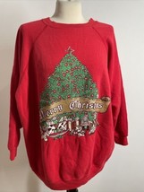 Vtg Merry Christmas M Red Glitter Tree Scene Hanes Her Way Ugly Sweatshirt - $24.70
