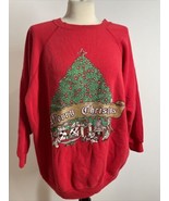 Vtg Merry Christmas M Red Glitter Tree Scene Hanes Her Way Ugly Sweatshirt - £19.32 GBP