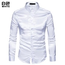 Glossy Silk Satin Dress Shirts For Men Long Sleeve Henry Collar Social Camisas  - £42.74 GBP