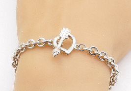 925 Sterling Silver - Love Heart Bow &amp; Arrow Round Link Chain Bracelet - BT2630 - £51.00 GBP