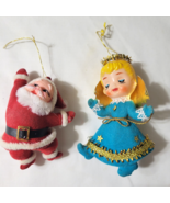 Vintage 2 Flocked Ornaments 3&quot; Santa 4&quot; Blue Angel EUC - $404.81 MXN