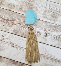 Vintage Pendant Large Light Blue Stone Gold Tone Tassel (No Chain Included) - $16.99