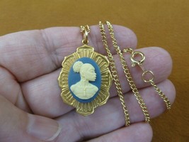 (CA30-35) RARE African American LADY blue + ivory CAMEO brass Pendant necklace - $25.23