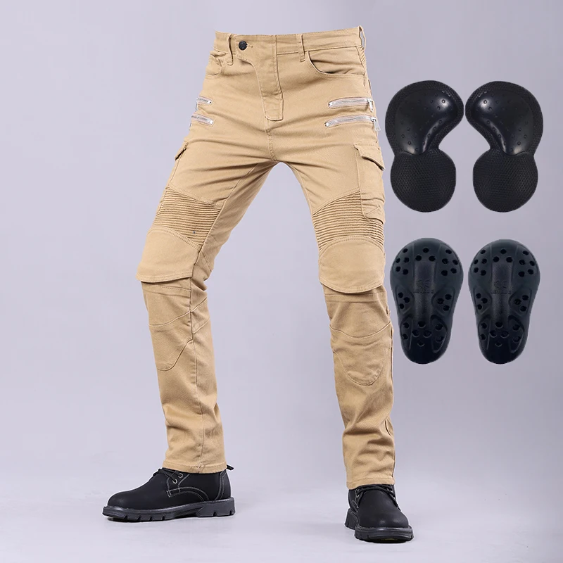 New Motorcycle Pants Khaki Zipper Riding Jeans Outdoor Leisure Travel With - $60.52+