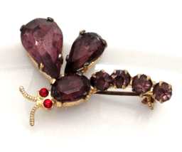 Vintage Czecho Dragonfly Brooch Goldtone with Amethyst Rhinestones Red Eyes - £10.59 GBP