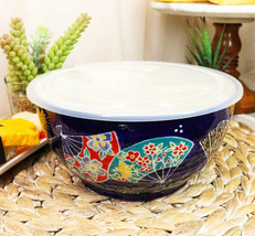 Ebros Set of 2 Ceramic Colorful Oriental Fans Portion Meal Bowls 5 Cups W/ Lid - £27.07 GBP