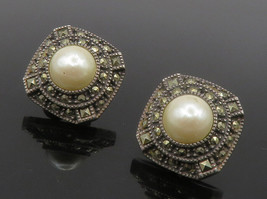 JUDITH JACK 925 Silver - Vintage Pearl &amp; Marcasite Non Pierce Earrings - EG7023 - £74.00 GBP