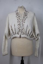 Knitted &amp; Knotted M White Fuzzy Sequin-Trim Shrug Cardigan Sweater Anthropologie - £20.91 GBP