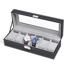 6 Slot Leather Watch Box Display Case Organizer Glass Jewelry Storage Black - £27.26 GBP