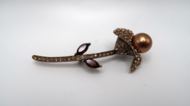 Vintage Faux Pearl Brown Rootbear Amber Rhinestone FLOWER Brooch 7.4cm BB14 - $13.46