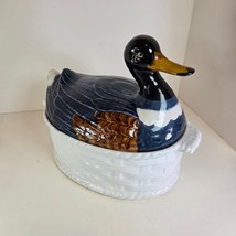Vintage Portugal Mallard Duck Tureen Covered Ceramic Dish Basket Weave 11&quot; - $59.99