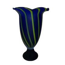 Vintage Frosted Cobalt Blue Glass Vase w/Green Twisted Stripes &amp; Ruffled... - $75.00