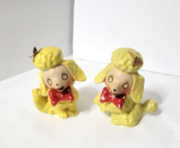 2 Sitting Yellow Poodles Vtg Rhinestone Eyes Red Bow Ties Japan 3&quot; Tall - £27.19 GBP