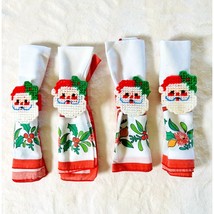 Kitschy Needlepoint Santa Claus Napkin Holders And Vintage Cloth Xmas Napkins - £15.02 GBP