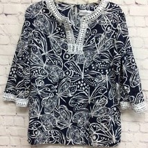 Alfred Dunner Womens Tunic Top Navy Blue White Butterfly Notch Neck Lace... - £14.99 GBP