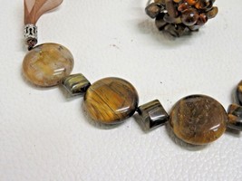 Tiger&#39;s Eye Necklace &amp; Cocktail Ring Set Striped Stone Beaded Adjustable Ribbon - £22.95 GBP