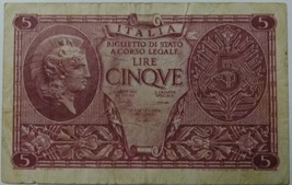 1944 Italy Five Lire Banknote - £2.39 GBP