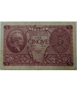 1944 Italy Five Lire Banknote - $2.99
