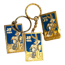 Vtg 1997 Bugs Bunny USA Gold Tone Metal Enamel Stamp Keychains &amp; Brooch ... - $19.79