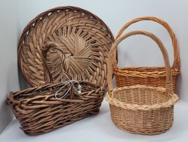 4 VTG Wicker Woven Basket &amp; Tray Lot Brown Twig Wood Philippines Spring Easter - £15.41 GBP