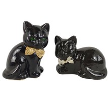 Vintage Set of 2 Black Cat Figurines with Bow Ties, Glossy Ceramic Taiwan - £19.39 GBP